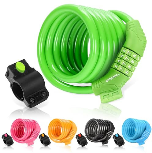 ETRONIC Security Bike Lock Self Coiling Resettable Combination Lock Bike Cable Lock, 6-Feet x 3/8-Inch - Green