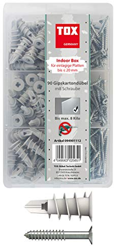 TOX Sortiment Indoor Box mit Gipskartondübel Spiral 32 mm + Schraube, Dübel für einlagige Gipskartonplatten ohne Vorbohren, hohe Haltewerte bis zu 8 kg je Befestigungspunkt, 180-tlg., 094901112