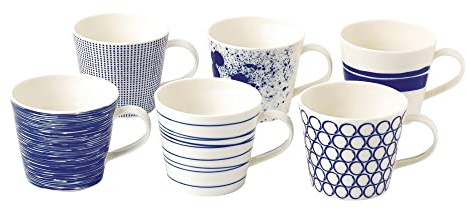 Royal Doulton 40034459 - Coffee Mugs Set of 6, Pacific Blue Collection - Small Porcelain Mugs - Perfect for Coffee, Tea and Hot Beverages - Blue & White Mugs, 280ml