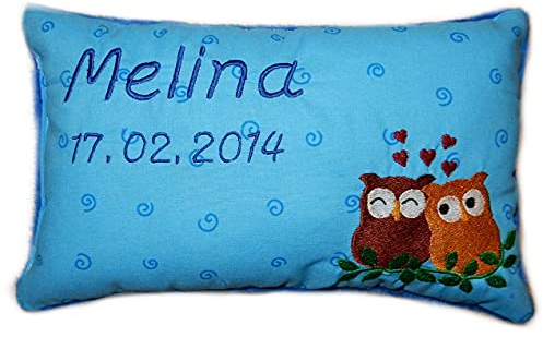 Momelie Blaues Schmusekissen * Kuschelkissen * Eulen * mit Namen Bestickt * 25 x 40 cm * SK-bl_0065