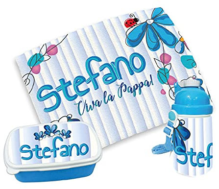 gadgeteventi Kit Pappa Bimbo per Scuola E Gite Personalizzato “Fiorellini” (Azzurro)