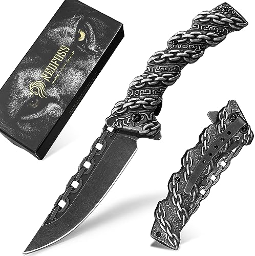 NedFoss CHAIN Klappmesser, 9CM 440C Sthal Taschenmesser mit Liner Lock & Kugellager, Coole Einhandmesser mit Clip, Personalisiertes Outdoor Messer mit altägyptische Schrift für Geschenk & Sammlung