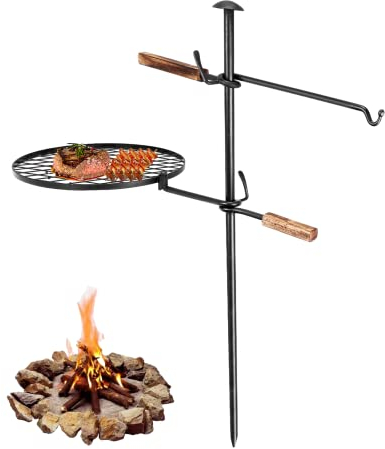 Caminariz Schwenkbarer Lagerfeuergrill,Verstellbarer Lagergrill Heavy Duty Grillrost mit Erdspieß Kurbel,Mehrzweck-Kochausrüstung für Camping BBQ