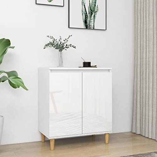 WIFESE Sideboard Mit Massivholz-Beinen Hochglanz-Weiß 60x35x70 cm - Kommode Für Wohnzimmer, Küche, Flur - Schrank Mit Schubladen