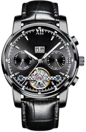 RORIOS Orologio Uomo Automatico Meccanico Orologio con Cinturino in Pelle Orologio Luminoso Pointer Impermeabile Tourbillon Orologio da Polso