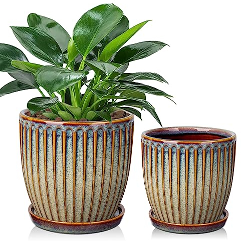 Oairse 2er-Set Keramik Gerippter Übertopf, Blumentöpfe mit Drainageloch-Untersetzern für Zimmerpflanzen, Retro-Dekoration für Gartenbehälter-Sets im Freien, Durchmesser Öffnung 15cm/13cm, Braun