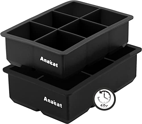 Anaeat Silikon-Eiswürfelformen 2er Pack 6-fach, wiederverwendbar und leicht zu lösen, große quadratische Eiswürfelschalen für Whiskey, Bourbon, Cocktails und Babynahrung - halten Getränke gekühlt