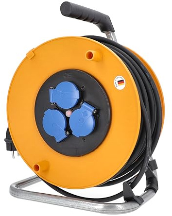 as - Schwabe Kabeltrommel 25 m H05RR-F 3G1,5, Außenbereich IP44, 3 NF-Steckdosen, Thermoschutz, Made in Germany | IP44 Außen, 3 Steckdosen NF, Thermoschutzschalter, Made in Germany