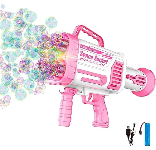 Pistola de Burbujas con 64 Agujeros. Pistola de Pompas de Jabón con Luces LED y Disparo Automático, Juguete de Verano para Niños, Fiestas, Cumpleaños. Batería Recargable USB.