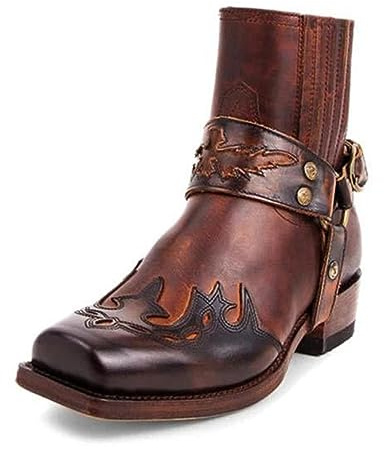 Western Stövlar för Män Spänne Remskor Retro Läder Fyrkantig Spets Cowboy Stövlar Korta Cowboy Motorcykel Stövlar, brun brun, 42 EU
