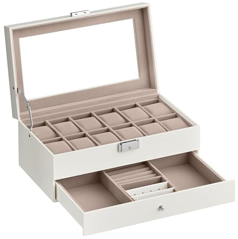 SONGMICS Uhrenbox, Uhrenkasten mit Glasdeckel, 2 Ebenen, für 12 Uhr, abschließbar, 1 Schublade, für Ringe, Armbänder, Geschenkidee, PU-Bezug in Wolkenweiß, Innenfutter in Cappuccinobeige JWB012W01