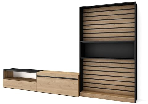 Skraut Home | Ensemble Meuble TV | Meuble Salon Complet | 310x186x35cm | pour Les TV jusqu'à 80 | Salon Complet | Style Moderne | Chêne et Noir