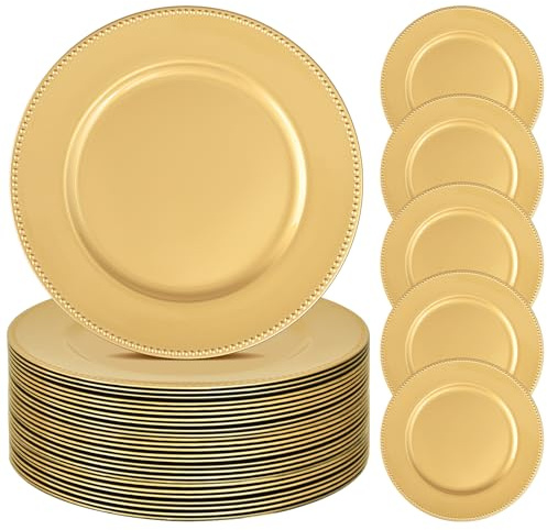 24 Pcs Gold Charger Plates Bulk, 13 Round Beaded Plate Chargers for Dinner Plates, Decorative Dinner Chargers Plastic Table Chargers for Wedding Holiday Party Baby Shower Event Decoration (Gold)