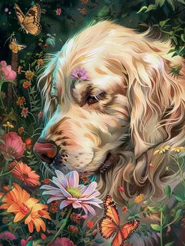 AMBATTERY Knüpfhaken Set Hund Und Blumen Eppich Knüpfen Set, Knüpfteppich Zum Selber Knüpfen Mit Bedruckter Leinwand, Knüpfkissen Knüpfen Set Für Erwachsene 31x45in