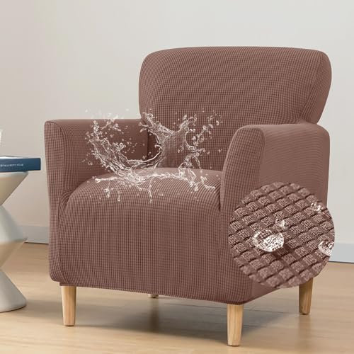 Highdi Stretch Sesselbezug aus Wasserdichter Jacquard Sesselhusse Sesselschoner rutschfest Sofa Überzug 1 Sitzer mit Armlehnen, für Relax-Sessel, Cocktailsessel, Clubsessel (Hellbraun)