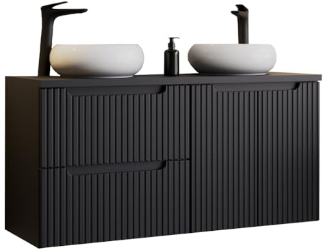Lomadox Mobile da bagno doppio lavabo 120 cm con lavabo da appoggio nero con facciata scanalata