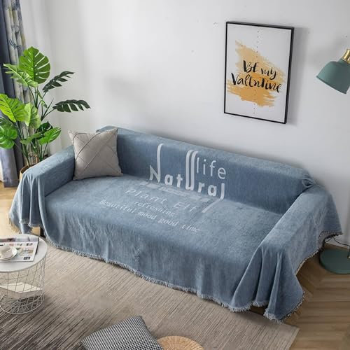 Epinki Sofa Überzug, 180x260CM Überwurfdecken für Couch mit Quaste Einfarbig Natural Life... Muster, Anti-Rutsch Sofabezug Hund aus Chenille für Hunde Haustierfreundliche, Dunkelblau