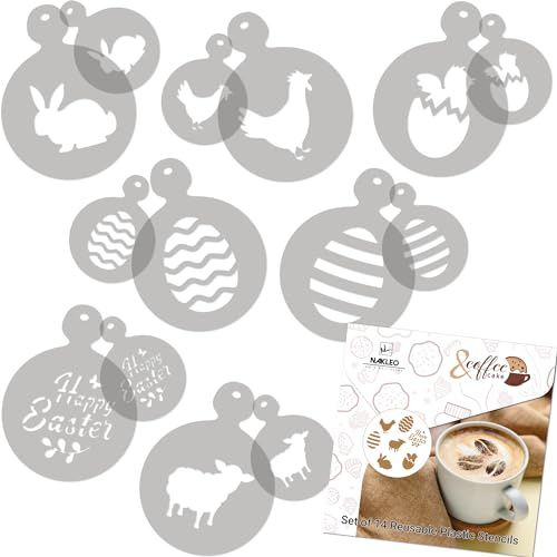 NAKLEO Kaffee Schablonen und Kekse Dekoration 14 Stück 7x7 und 11x11cm, Wiederverwendbare Plastik Backen Vorlage, Ostern Hase Korb, DIY Kunst, Cappuccino Latte Schokolade Torten Kuchen