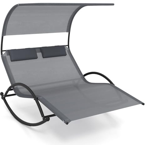 COSTWAY Lettino Prendisole a 2 Posti, Lettino in Tessuto Textilene, con 2 Poggiatesta Staccabili, Sedia a Dondolo da Giardino con Struttura Metallica, Lettino con Tettuccio Portata 300 kg (Grigio)