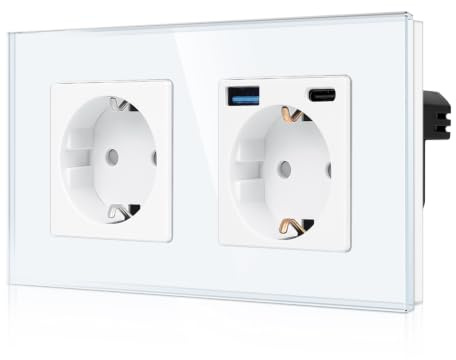 CNBINGO Doppelsteckdose Unterputz, 1x USB-A/C Schnellladen, Glas Weiß | Schuko Steckdose mit 20W Schnellladen USB-Anschluss, 2-Fach Wandsteckdose Kindersicherung, Horizontal/ Vertikal, Glasrahmen