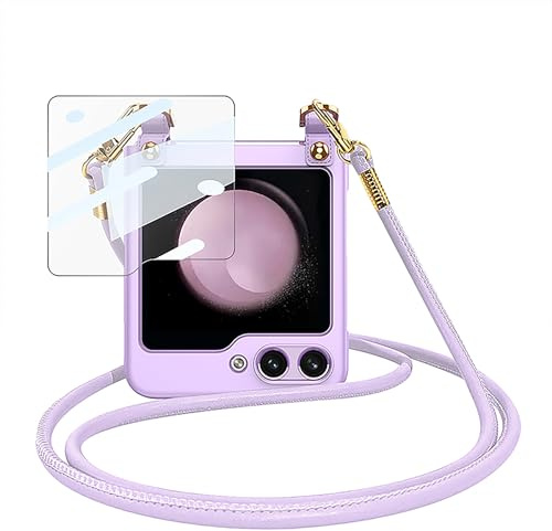 Draamvol Samsung Galaxy Z Flip 7 FE/Z Flip 6 Case Hard PC Cover Shockproof Tempered Glass Front Screen Protector Cross-body Lanyard Necklace Strap, Bumper Ultra-Thin Case for Z Flip 7 FE Case,Purple