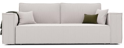 GREKPOL Schlafsofa mit Bettkasten 240x105 - Cord Beige Sofa mit schlaffunktion - Couch mit Schlaffunktion- 3 Sitzer - Wohnzimmer Couch - Schlafcouch