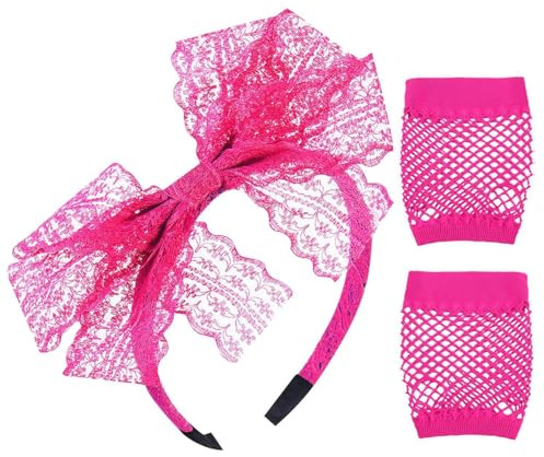 1 x pannband med spetsrosett och 1 par näthandskar, neonhårtillbehör för flickor, 80-tals pannband, sött pannband med rosett, lämplig för fest, scenframträdanden