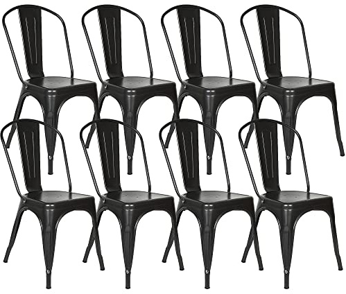 LAMGLIN Lot de 8 Chaises Salle Manger Industriel Chaise Bistrot Metal Chaise Cuisine avec Dossier Chaises Empilables pour Salon, Cuisine, Salle à Manger, Jardin, Balcon, Patio (8, Noir)