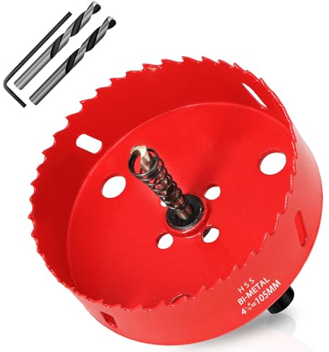 KACNON Corona perforadora bimetálica de 105 mm, M42 HSS, con adaptador de vástago triangular y broca de centrado, para madera, metal blando, plástico, vidrio, azulejo, cerámica