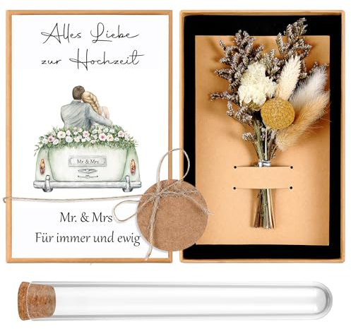 Hestya Hochzeit Geldgeschenk Set, Elegante Geschenkbox mit Trockenblumen | Reagenzglas zur Geldaufbewahrung, Hochzeitskarte, Geschenk für Brautpaare zur Hochzeit oder Silberhochzeit