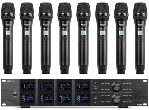 Power Dynamics PD PD528 UHF Wireless Microphone System with 8 Handheld Mics, 100 Channels, USB Charging, IR Sync, Mute Function, XLR Outputs for Events & Performances