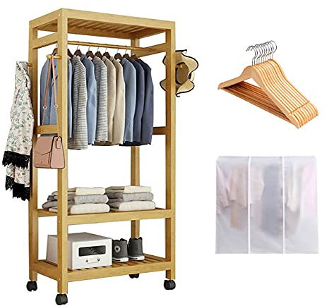 GLMGBP Rollbarer Kleiderständer aus Holz mit Ablagen und Schutzhülle, 100 cm hoch, mobiler offener Kleiderschrank-Organizer mit Kleiderstange und Lagerregal