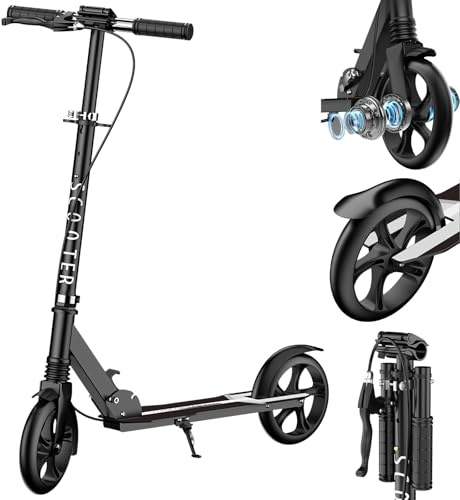 CXYTX Tretroller klappbar& höhenverstellbar, Cityroller, Tretroller für Kinder und Erwachsene, bis zu 200kg, mit Hand- und Reibungsbremse, Einstellbarer Lenker, schwarz,Schwarz