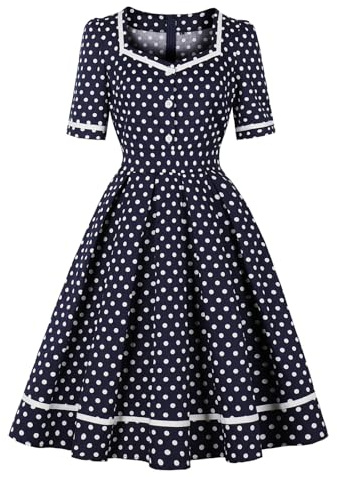 Wellwits Women's White Trim Polka Dots 1950s Vintage Cocktail Dress Sailor Blue L
