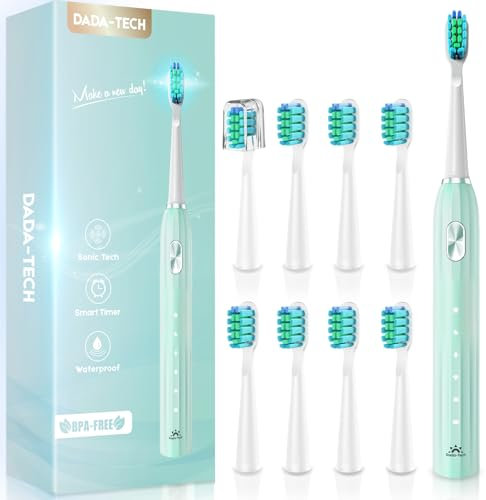Dada-Tech Spazzolino elettrico per adulti con setole arrotondate al 90%, spazzolino sonico ricaricabile con 5 modalità di pulizia, timer da 2 minuti e 9 testine di ricambio per il promemoria(Verde)