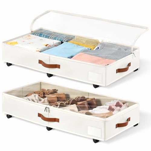 KitHero Lot de 2 boîtes de rangement sous lit de 15 cm avec roulettes, boîte de rangement sous lit pour chaussures avec couvercle transparent, sac de rangement sous lit à roulettes pour organisateur