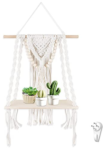 QZDAFFIC Macrame Wall Hanging Shelf Boho Room Decor, Woven Wooden Macrame Plant Hanger Floating Display Shelves for Bedroom Nursery Living Room Home