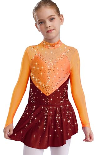 Freebily Vestido De Patinaje Artístico Manga Larga para Niñas Vestido con Lentejuelas Maillot Ballet Gimnasia Traje Bailarina Actuación Naranja y Burdeos 7-8 años