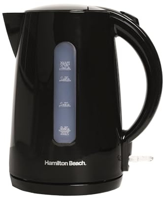 Hamilton Beach Electric Kettle, Essentials, 1.7L Rapid Boil, 3000W, Water Indicator Window, Button Release Lid, Boil-Dry Protection, Illuminated Switch, Auto Shut-Off, Plastic, Black - HBK1301B | Convenient Button Release Lid