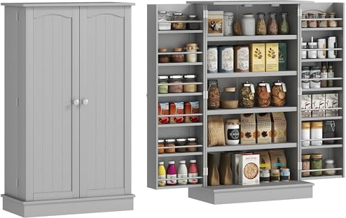 HOMCOM Armadio da cucina buffet moderno con armadi, ripiano regolabile e 12 portaspezie, dispensa per sala da pranzo, soggiorno, 60 x 30 x 104 cm, grigio