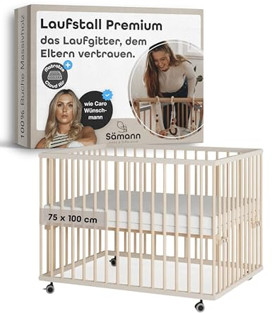 Sämann Baby Laufstall aus Holz I Baby Laufgitter 75x100 cm Sahara Dust/Natur I Inkl. Matratze Cloud Air I Robuster & höhenverstellbarer Laufstall aus Buchenholz I Mit gummierten Rollen & TÜV geprüft