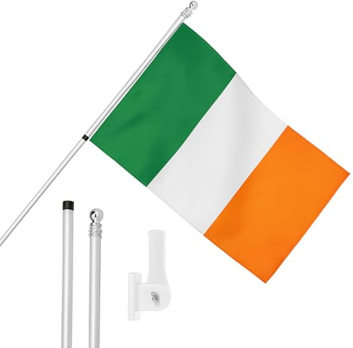 I LOVE FANCY DRESS Bandera de Irlanda, mástil y soporte de pared, bandera irlandesa de 5 x 3 pies con ojales, poste extensible y soporte, decoración para interiores y exteriores