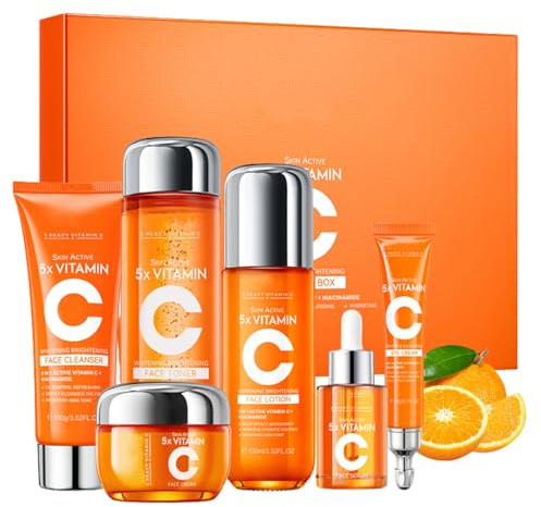 6PCS Vitamin C Skincare Gift Set, Brightening & Hydrating Facial Kit with Cleanser, Toner, Serum, Eye Cream, Lotion & Cream, Pamper Set for Women,Anti-Aging Korean Skincare Set for All Skin Types