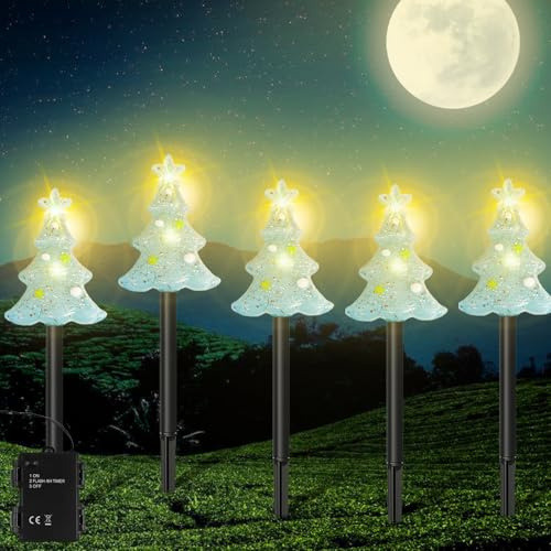 5 Stück LED Gartenstecker, LED Weihnachtsbaumbeleuchtung Außen Batteriebetrieb, Weihnachtsdeko Aussen für Garten/Bäume/Außen/Terrasse (Keine Batterien enthalten)
