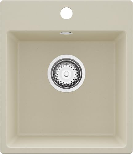 PRIMAGRAN Evier Cuisine en Granit au Meuble 40cm + Kit de Vidage, 38x44cm | Set: Kit de Vidage (Siphon, bonde d’évacuation, trop-plein) + Lavabo 1 Bac - Riga, Beige