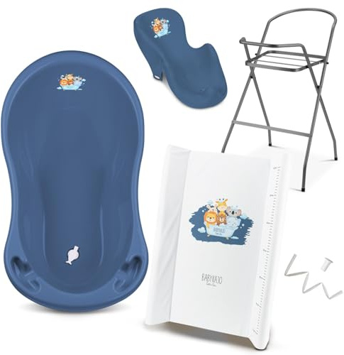 Babybadewanne mit Ständer 5 Set TÜV Rheinland geprüft - Babybadewanne + Baby Badewannensitz + Wickelauflage + Gestell + Abfluss