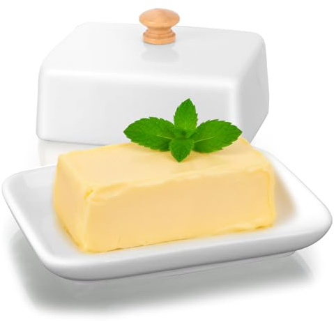 Vinato Beurrier Céramique avec Couvercle et Poignée, Beurrier Porcelaine pour 250 gr de Beurre Boîte à Beurre Hermétique pour Frigo, Lavable au Lave-Vaisselle, Micro-ondes, Blanc