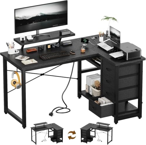 Devoko Escritorio Esquinero en L 140 x 80 cm Negro | Montaje reversible L/R, Cajonera lateral integrada a nivel de mesa, 2 tomas+2 USB, Luces LED, Diseño esquinero ergonómico