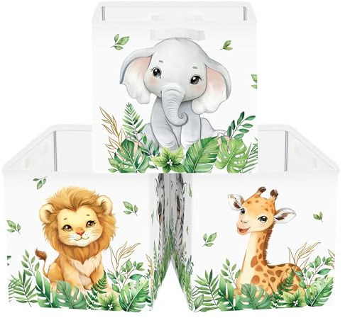 HUUMONSS 30cm Aufbewahrungsbox 3 Stück Waldtiere Aufbewahrungskorb Kinder Faltbar Löwe Giraffe Elefant Aufbewahrungswürfel Organizer für Spielzeug Bücher Kleidung, Grüne Pflanze