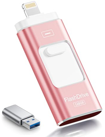 ROSPE USB Stick 128GB for iPhone, MFi Certified Lightning Memory Stick, 3-in-1 Flash Drive for iPhone/iPad/Android/PC, USB 3.0 High-Speed Photostick Thumb Drive Transfer Photos Videos, Rose Pink